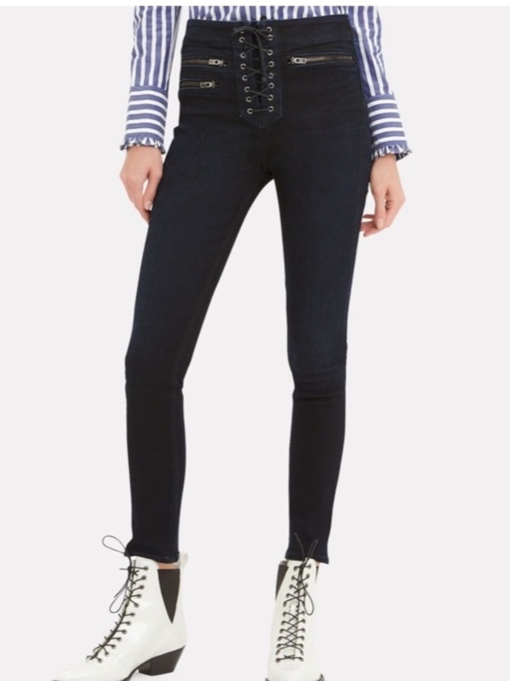 Veronica Beard Lita 10" Moto Dark Dark Blue Lace Up High Rise Skinny Jean Sz 30